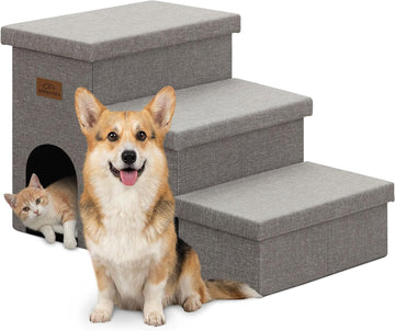 Dog Stairs with Storage, Grey 3 Steps Dog Ramp with Condo for Bed