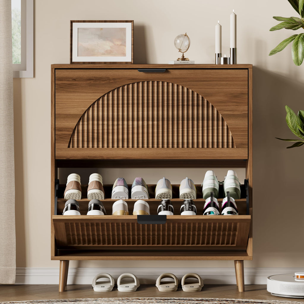 Shoe Storage Cabinet with 2 Flip Drawers, 36" Tall Narrow Wood Fluted Shoe Organizer, Freestanding Wooden Hidden