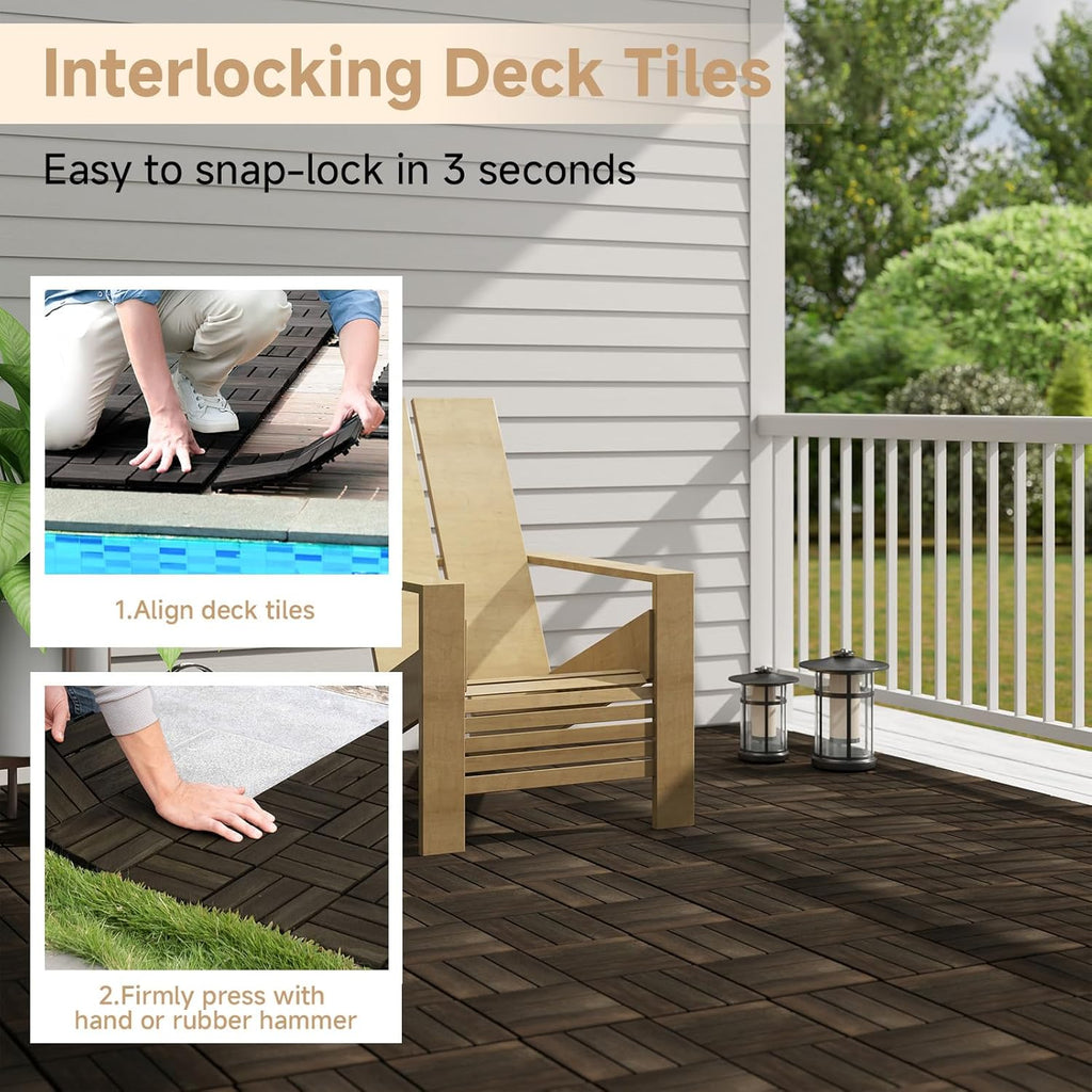 10PCS Deck Tiles, Acacia Wood Interlocking Deck Tiles, Waterproof Decking Tiles for Outdoor Patio Flooring, 12" x 12"