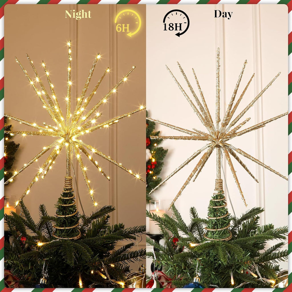 15 Inch Starburst Christmas Star Tree Topper with 150 Lights & Remote, Gold