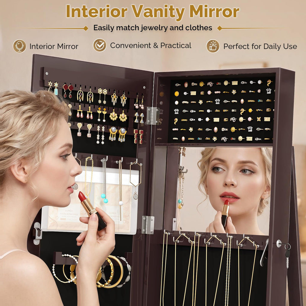 360° Swivel Jewelry Mirror Cabinet with Full-Length Mirror and Interior Makeup Mirror, Lockable Standing Jewelry