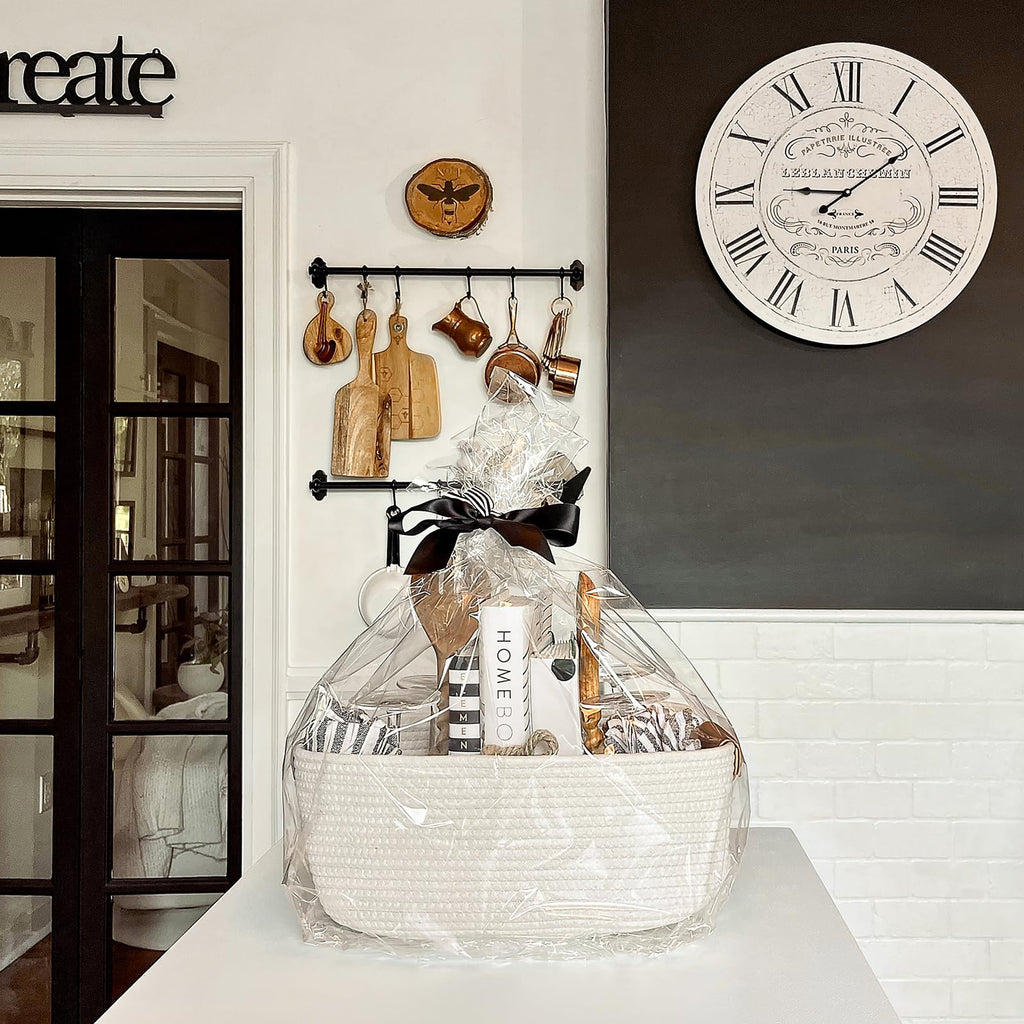 Large Woven Rope Gift Basket with Leather Handles, 20L, White