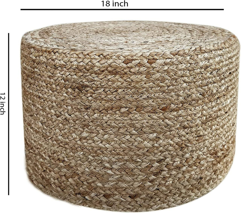Jute Pouf Ottoman | Footrest Pouf | Hand Braided - Round Boho Pouffe - (18"x18"x12") Natural