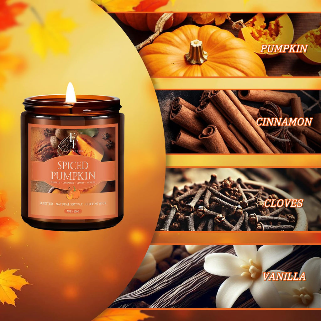Fall Candle, Spiced Pumpkin Scented Candles, Natural Soy Autumn Candle Aromatherapy Candle, 7 oz Jar Candles Fall