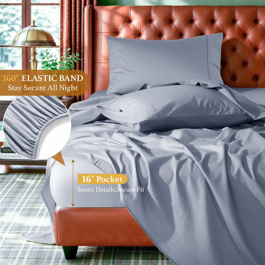 100% Washed Cotton Sheets Set, Linen-Like Feel Sheets