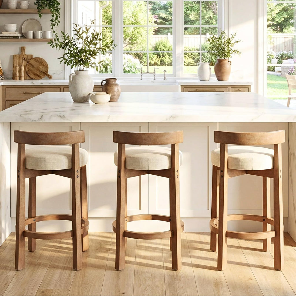 26.5" Counter Height Bar Stool, Mid Century Modern Low Back Bar Chair with Solid Wood Legs & Linen Upholstered Seat