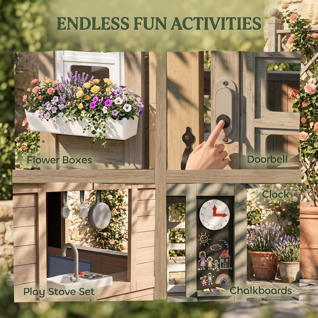 Kids Outdoor Playhouse Wooden Kids Cottage with Dog Door Ages 2+ Gray | Cookware, Planter Box, Bell, Blackboard