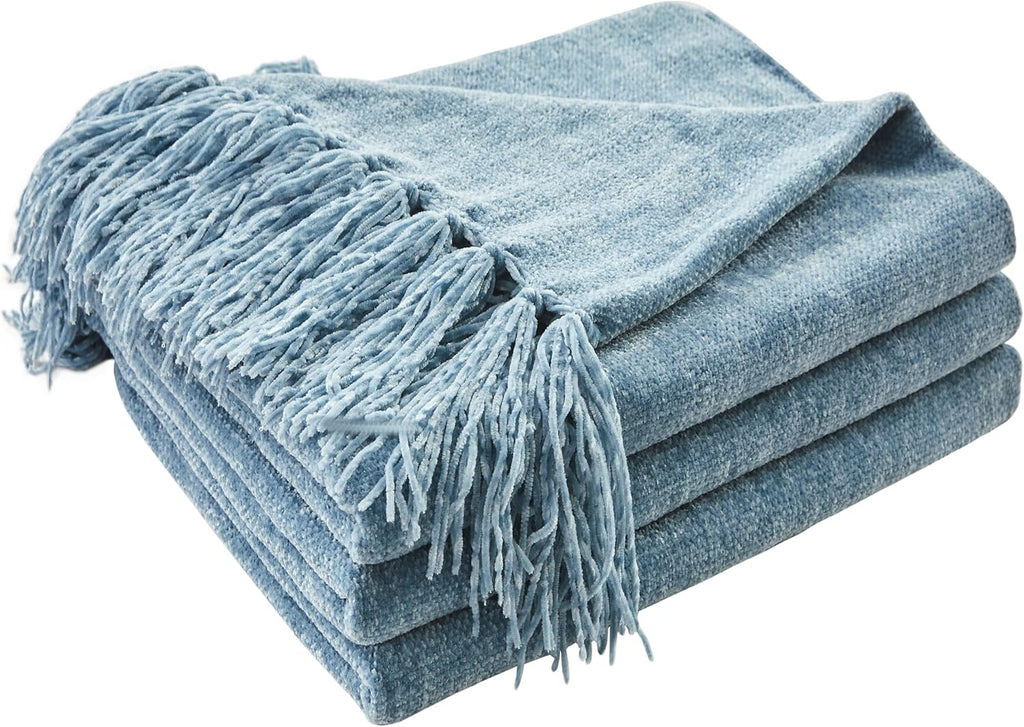 Chenille Throw Blanket, Cozy Plush Fuzzy Decorative Dusty Blue Blanket with Fringe Tassels, Lightweight Throws, 50"X60"