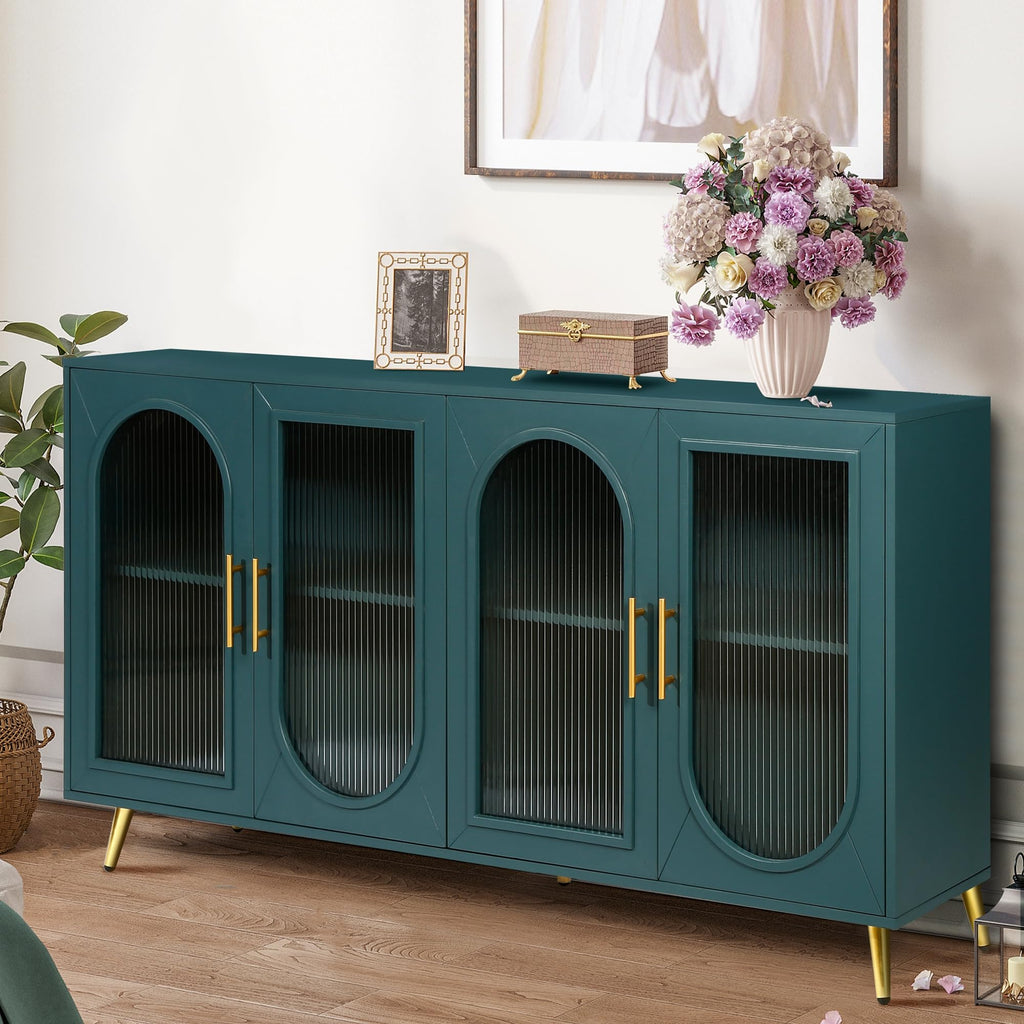 Glass Door Storage Sideboard with Gold Metal Handles&Legs, Modern Coffee Bar Buffet Cabinet with Adjustable Shelf