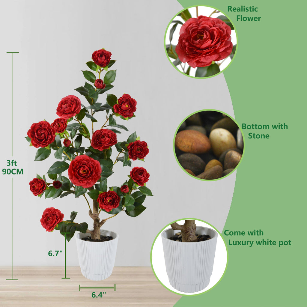 Artificial Camellia Tree 3ft Fake Flower Plant in White Pot