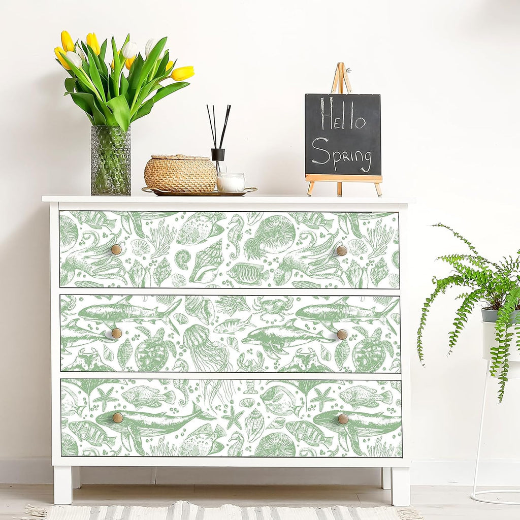 17.5x276 Coastal Peel and Stick Wallpaper Green Contact Paper Beach Nautical Ocean Renter Friendly Whale Shark Sage