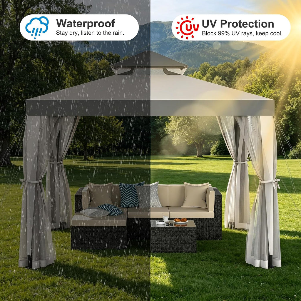 Outdoor Gazebo 10×10 Canopy Tent with Mosquito Nettings & Double Roofs, Canopy Shelter for Party, Patio Gazebo (Gray