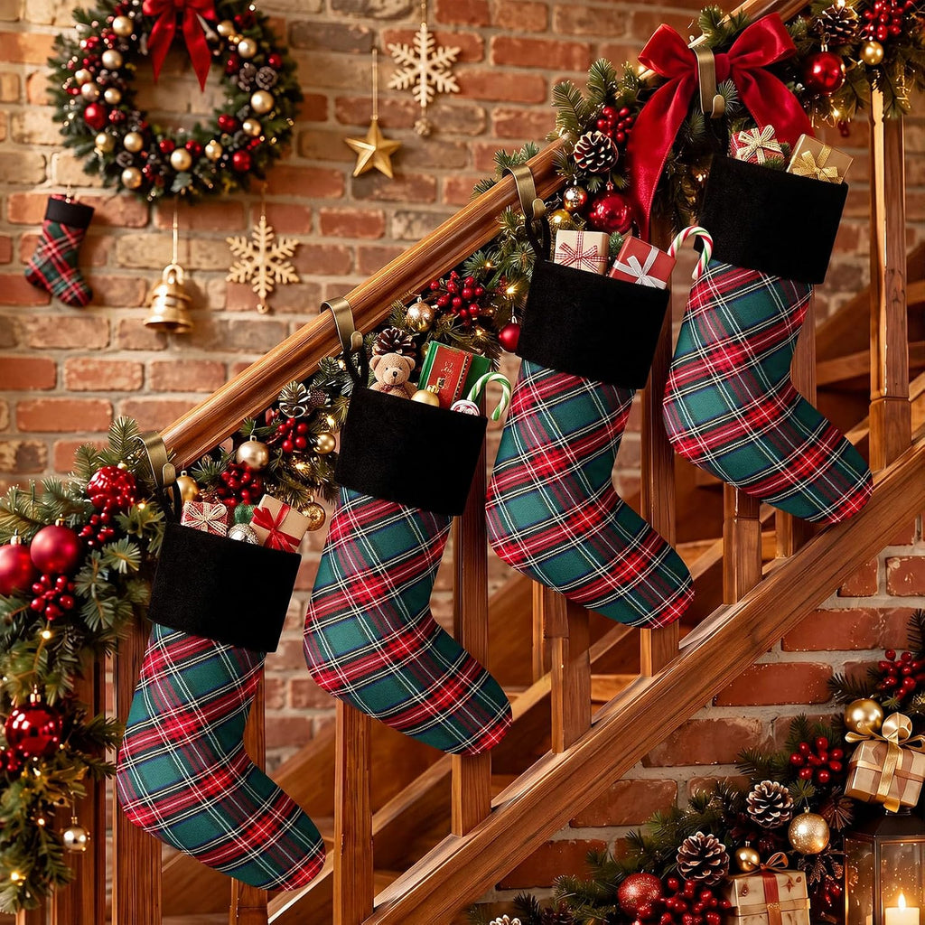 4 Pcs Tartan Plaid Christmas Stockings with Velvet Cuff 18", Green