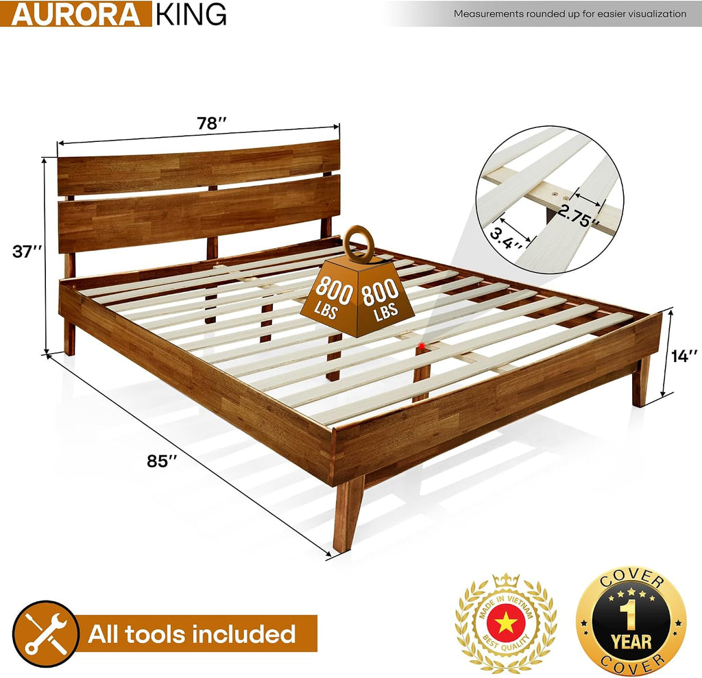 Aurora Solid Wood King Platform Bed Frame with Headboard, Walnut