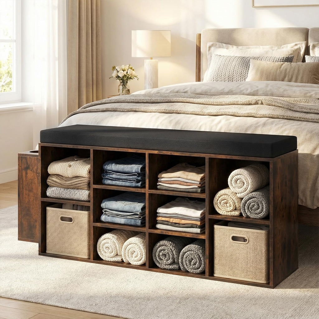 Shoe Storage Bench with Umbrella Holder, 40" Shoe Organizer with Cushioned Seat, 10 Cubbies & Adjustable Shelves