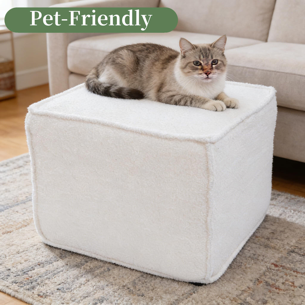 Square Ottoman Foot Rest, Small Pouf for Couch - Boucle Upholstered Foot Stools Applicable to Living Room & Bedroom &