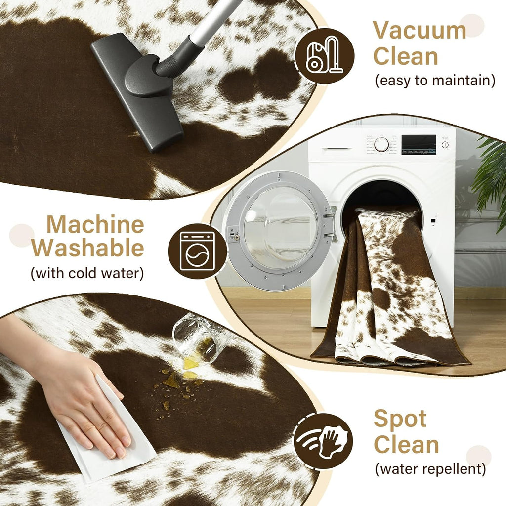 Faux Cowhide Rugs Bedroom, 8x10 Cow Print Area Rug | Machine Washable Non-Slip Stain Resistant Rug Premium Western