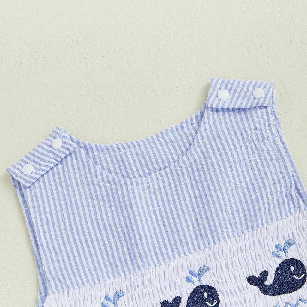Newborn Baby Boys Sleeveless Seersucker Romper One Piece Straps Overalls Striped Jumpsuit Summer Smocked Clothes