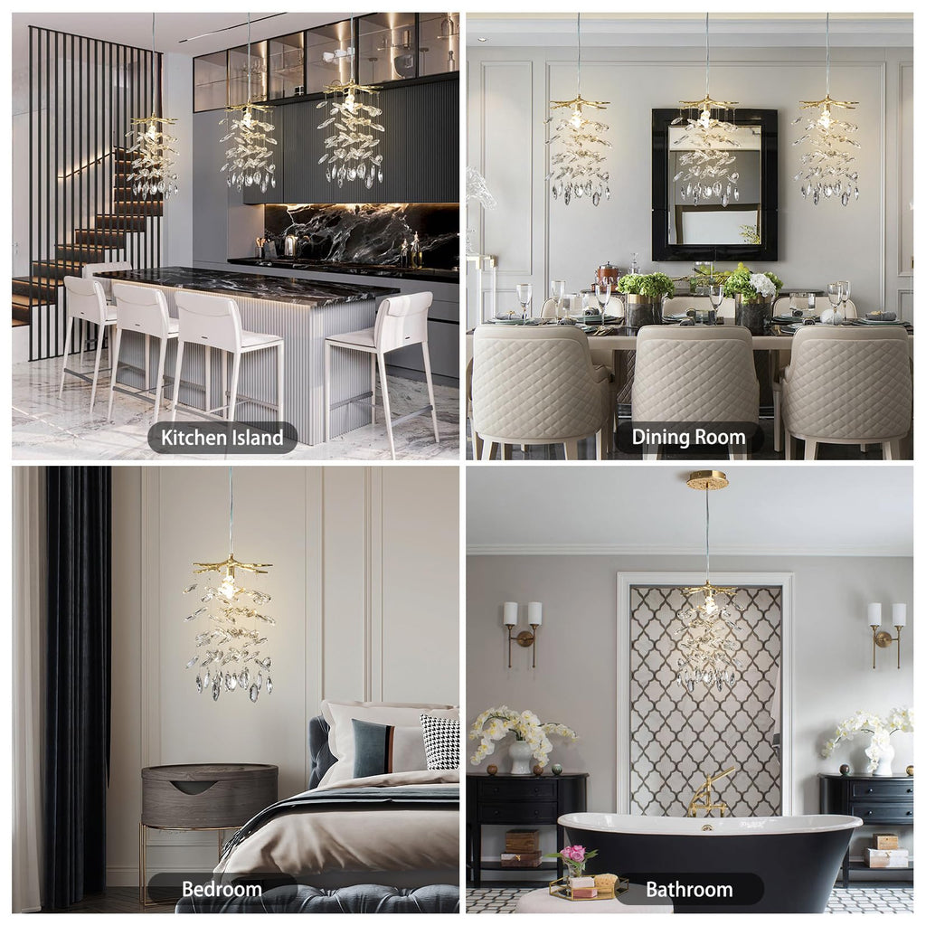8.3" Crystal Pendant Light Island, Modern Gold Tree Branch Chandelier, Luxury Round K9 Crystal Raindrop Pendant Light
