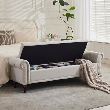 67" Storage Bench , Linen Upholstered, Beige | King Size End of Bedroom Bed Bench Ottoman with Tufted Cushioned