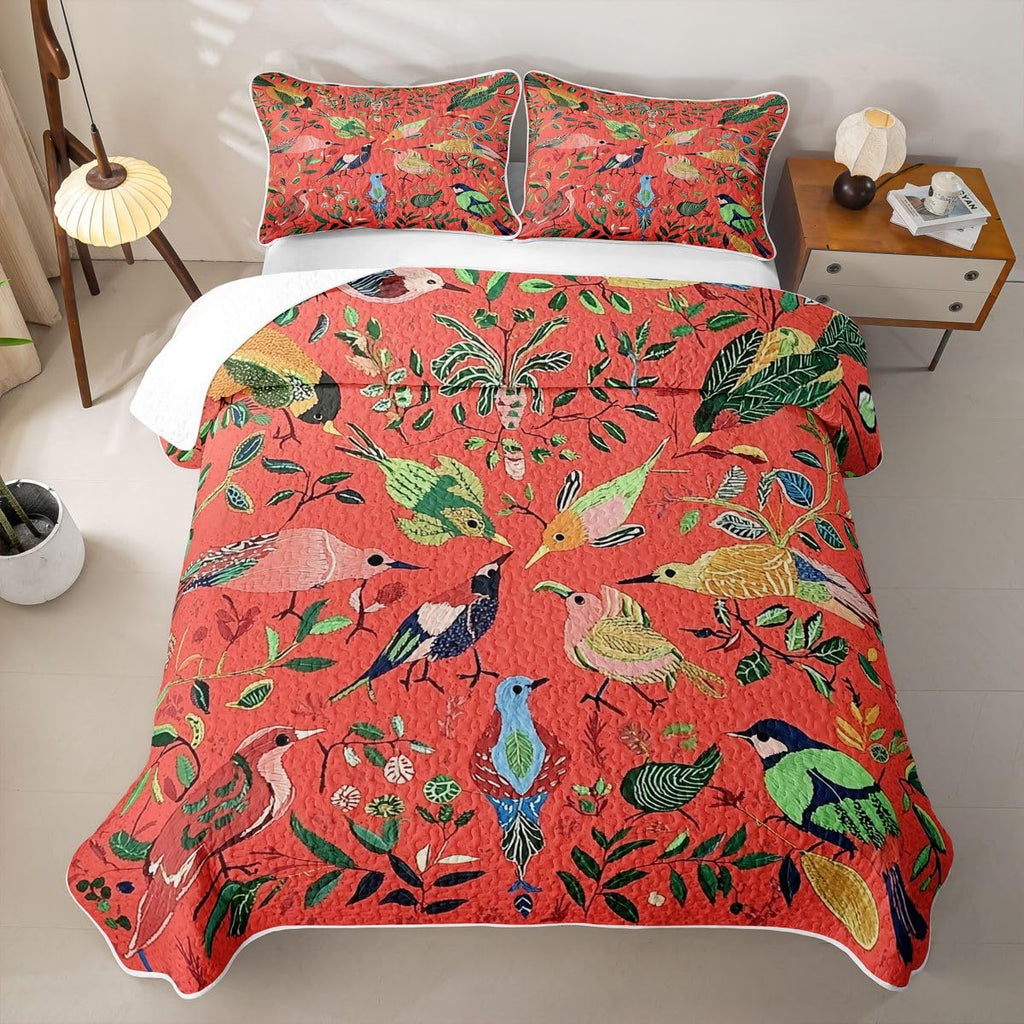 Birds Quilt Abstract Quilt Set Southwestern Leaves Plants Pattern Quilted Coverlet Breathable Natural Theme Red