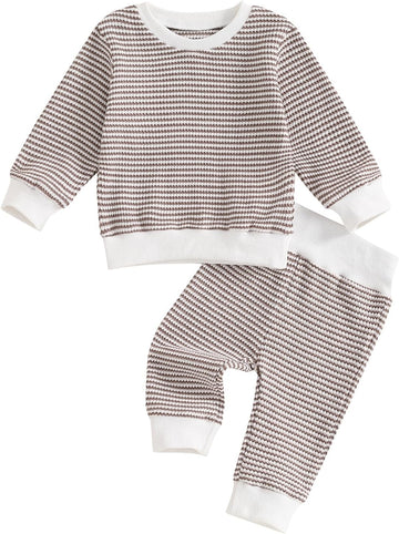 Fall Winter Toddler Baby Boy Outfit Waffle Knit Long Sleeve Sweatshirt Pullover Tops and Pants Set