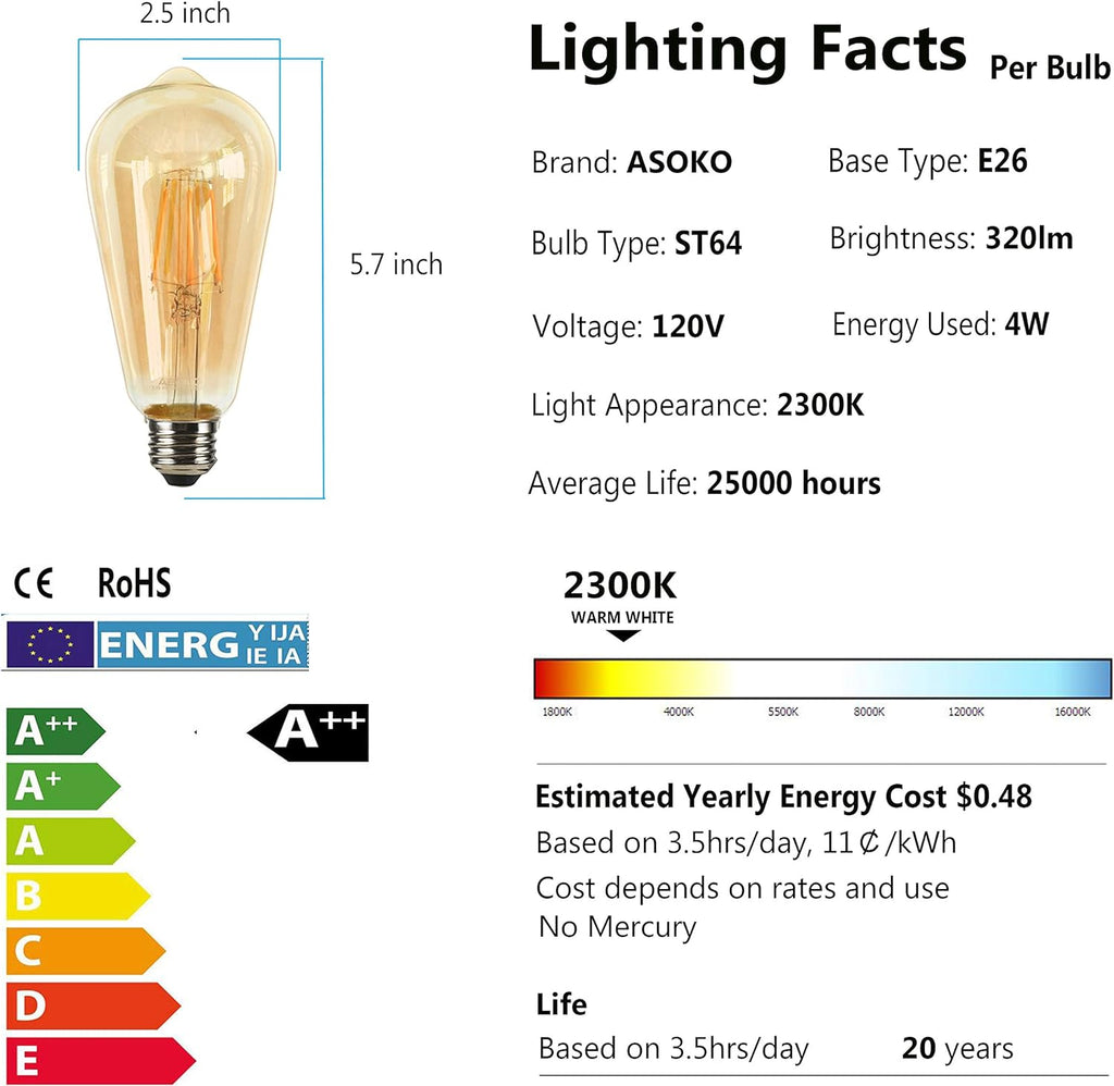 LED Dimmable Edison Light Bulbs 4W, 2200K-2400K Warm White (Amber Glass) ST64, E26 Base
