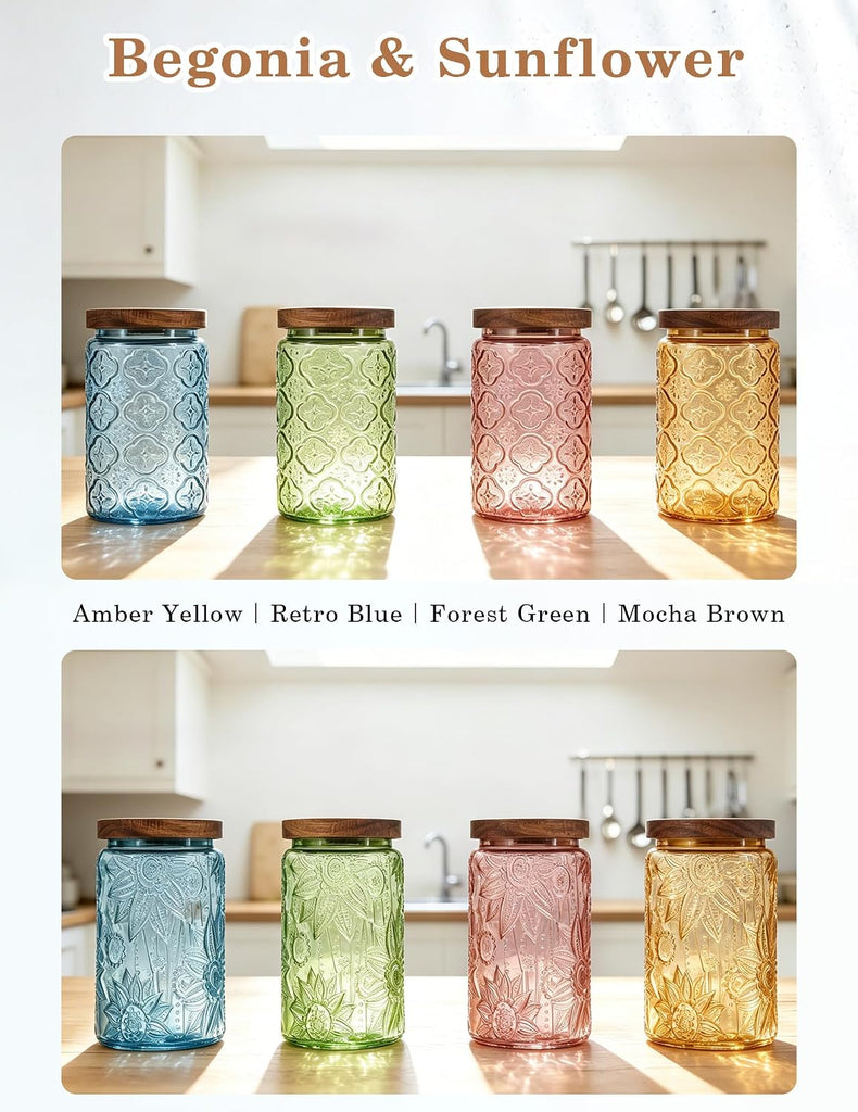 Glass Jar with Airtight Wood Lid - 34 OZ Kitchen Bathroom Pantry Canister, Decorative Vintage Storage Container - Set of 4