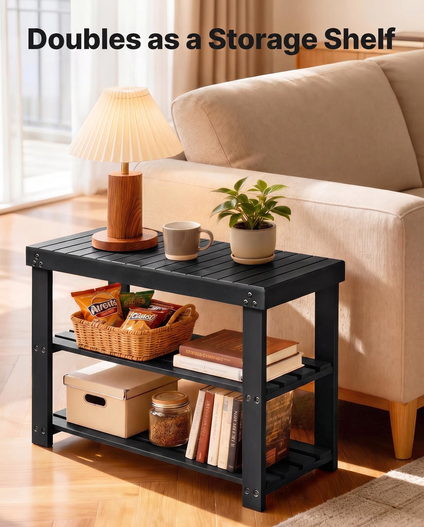 3 Tier Bamboo Shoe Rack Bench, Black