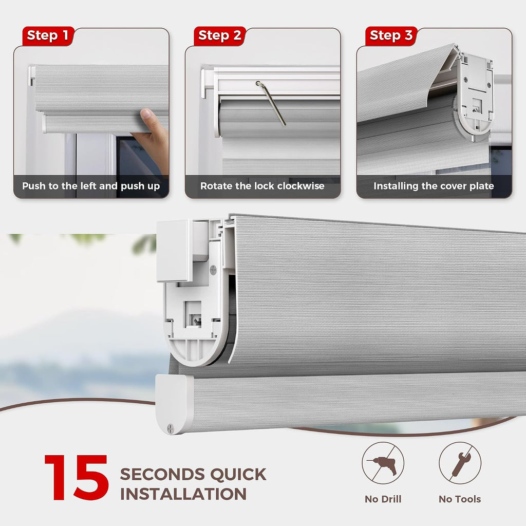 No Drill No Tools Cordless Zebra Blinds, Renter Friendly, Dual Layer Shades for Indoor Windows, Easy to Install