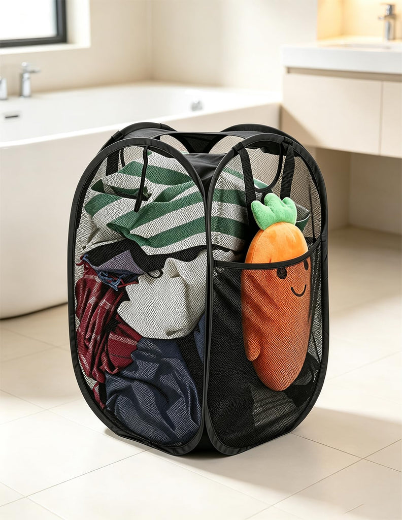 2 Pack Strong Mesh Pop Up Laundry Hamper, 70L Collapsible Laundry Basket with Steel Frame, Double‐Stitched Handles &