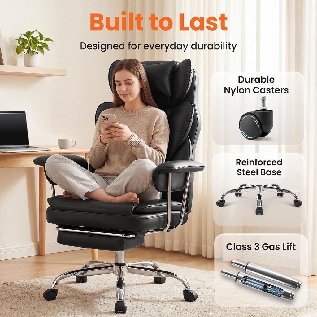 Big & Tall Leather Office Chair, High Back, Lumbar Support, Black | Gaming Chair for Adults and Computer Use