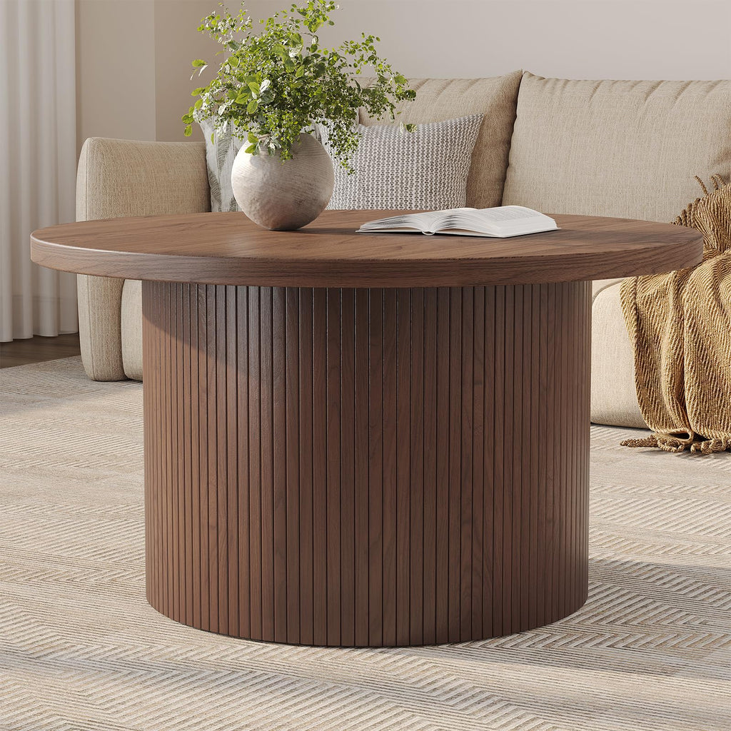31.5" Round Coffee Table, Mid Century Modern Fluted Drum Table