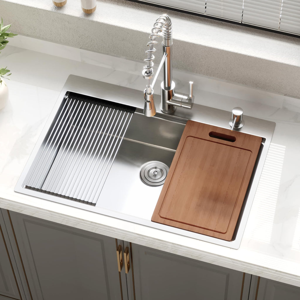 33" x 22" Drop Sink, 304T Stainless Steel Topmount Workstation Sink, Single Bowl with Integrated Ledge