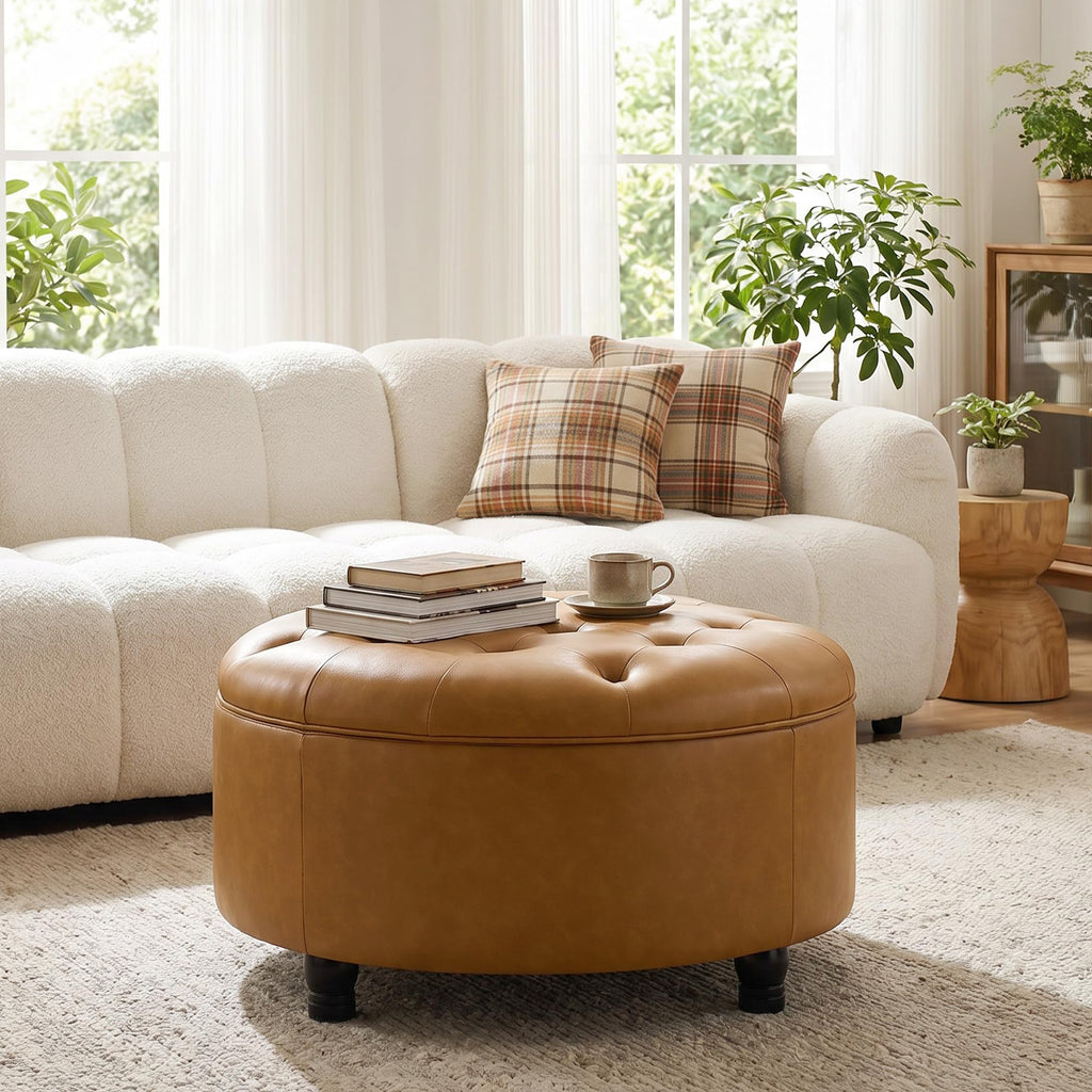 30-Inch Round Storage Ottoman, Leather Ottoman(Bright Orange)