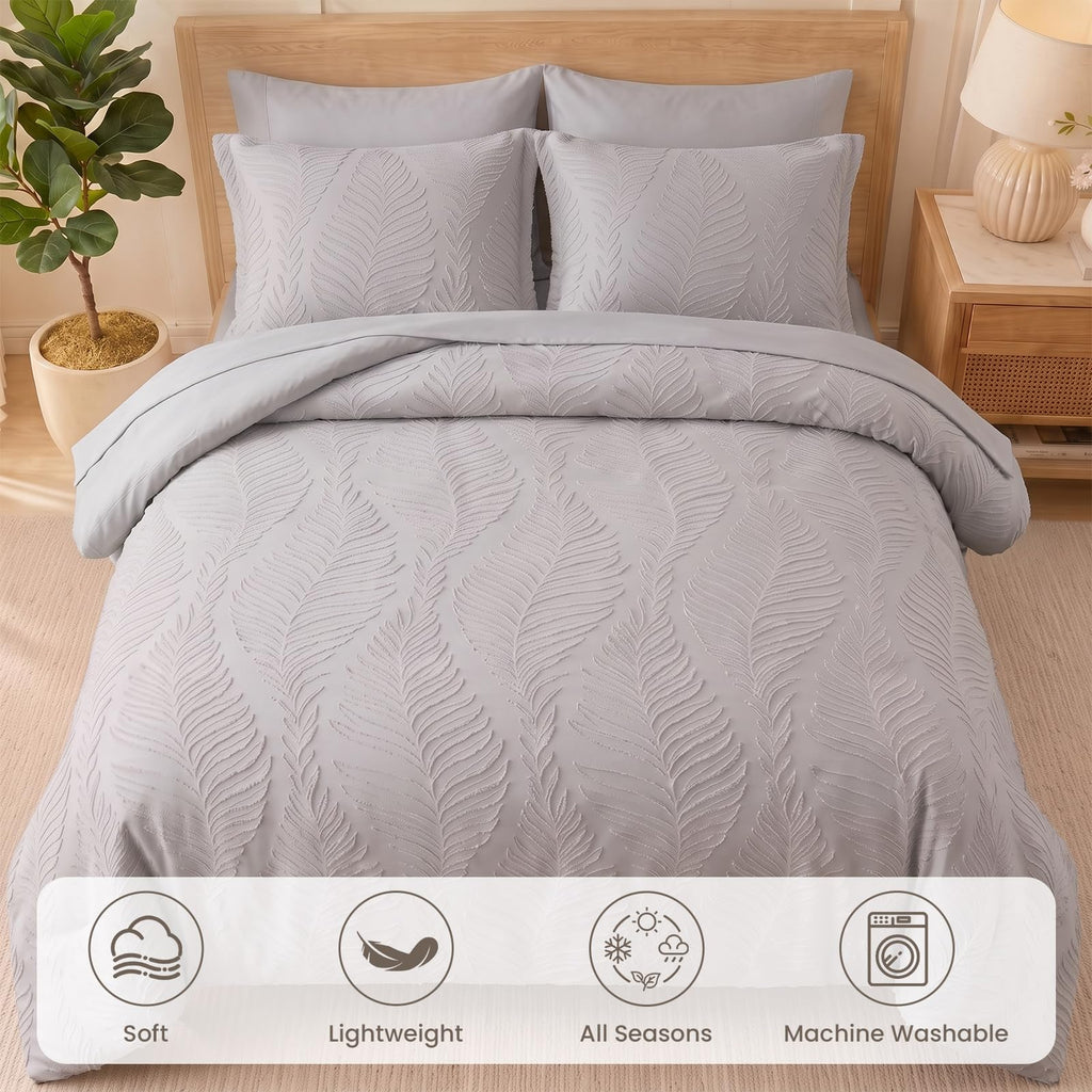Grey Bedding Comforter Set King Size 7 Pieces Tufted Boho Comforter Set Leaves Floral Farmhouse Shabby Chic Bedding