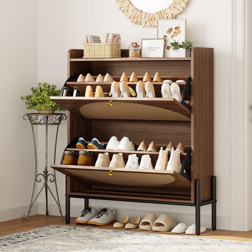 Rattan Shoe Cabinet Storage with 2 Flip Drawers, Walnut
