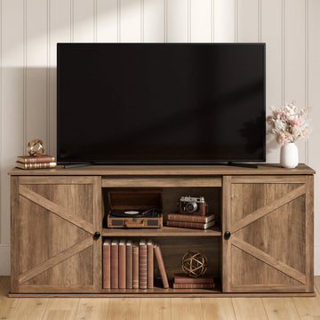 Farmhouse TV Stand for 65'' TV, Media Console, Sliding Barn Doors