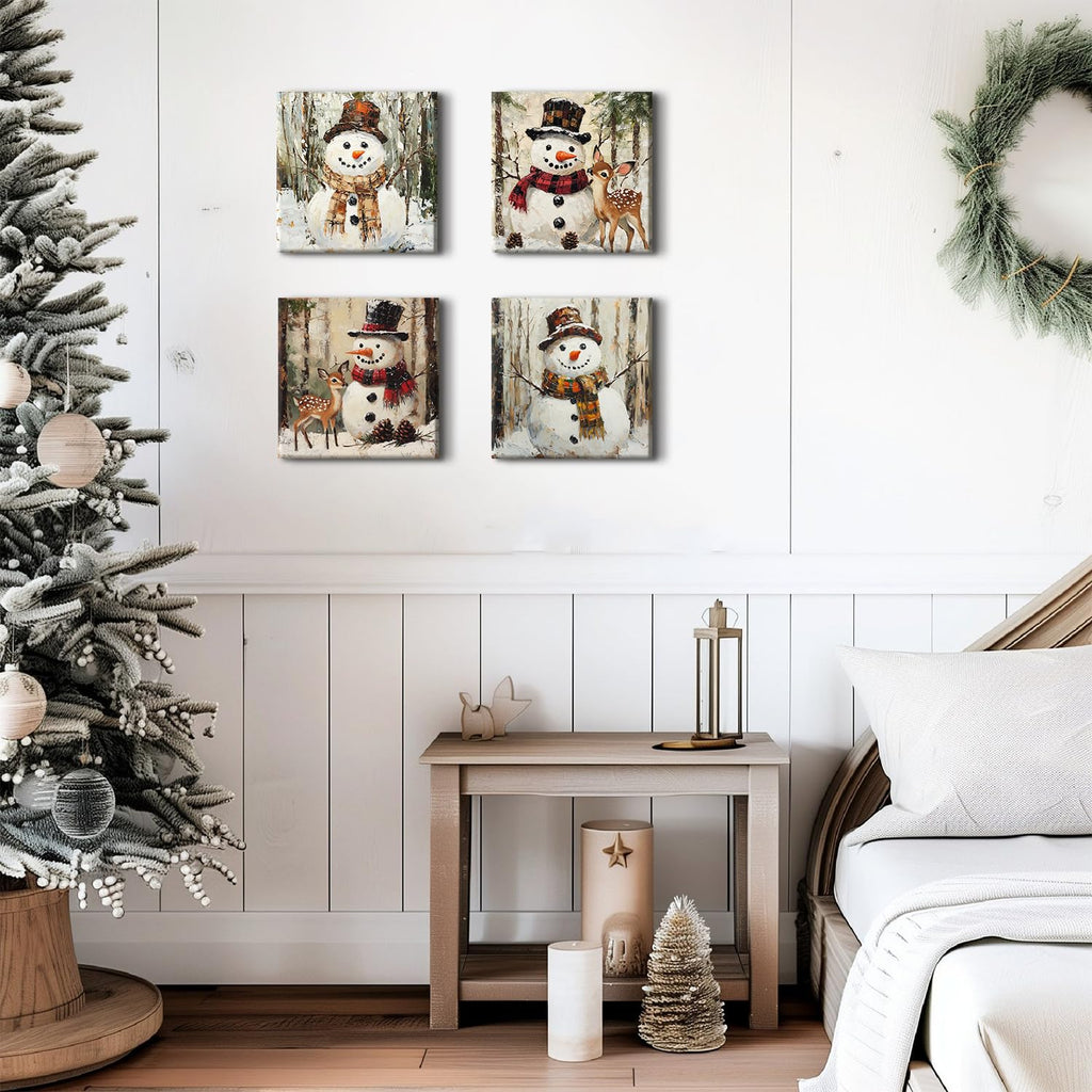 Christmas Snowman Canvas Wall Art Winter Holiday Home Decor Abstract Watercolor Snow Forest Pictures Vintage Snowman
