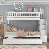 Wood Twin Over Full Bunk Bed with Trundle and Stairs