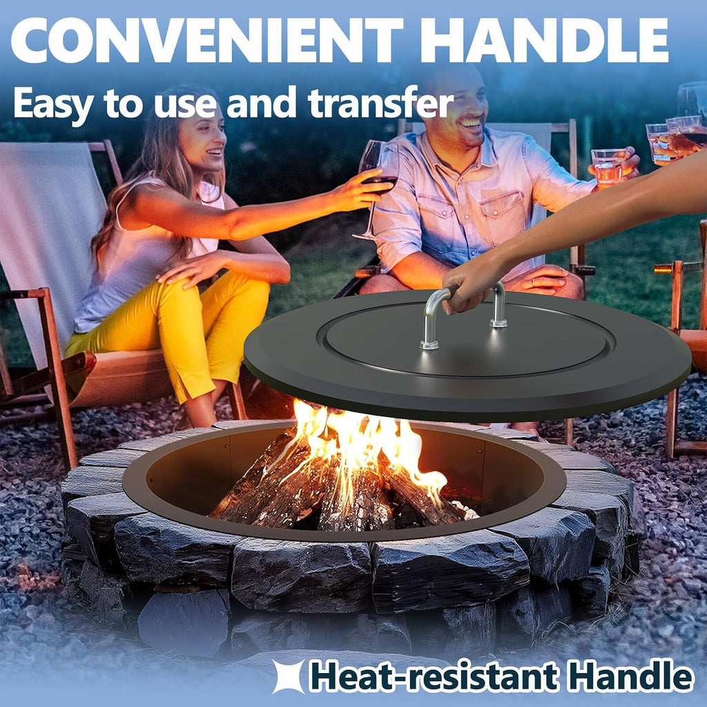 Fire Pit Lid 25.6"-Heavy-Duty Metal Cover with Handle, All-Season Protection