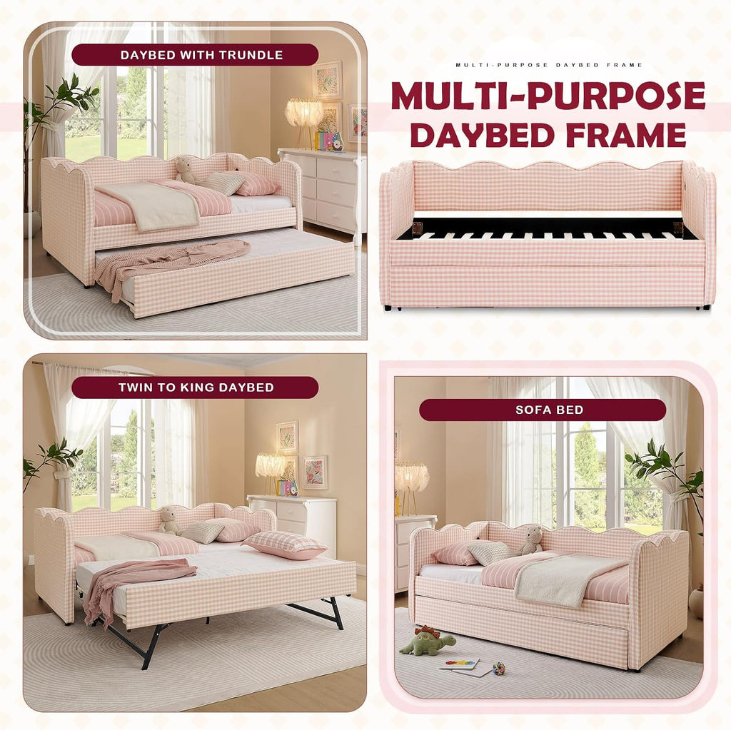 Twin Daybed with Pop Up Trundle, Gingham Linen Upholstered Twin to King Daybed Frame with Wooden Slats & USB
