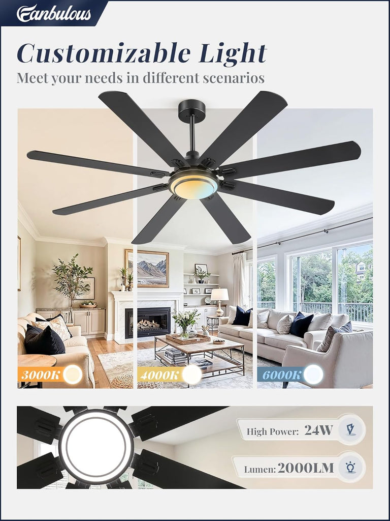 72 Inch Ceiling Fans with Lights and Remote, Black Ceiling Fan with 8 Dual-Color Blades