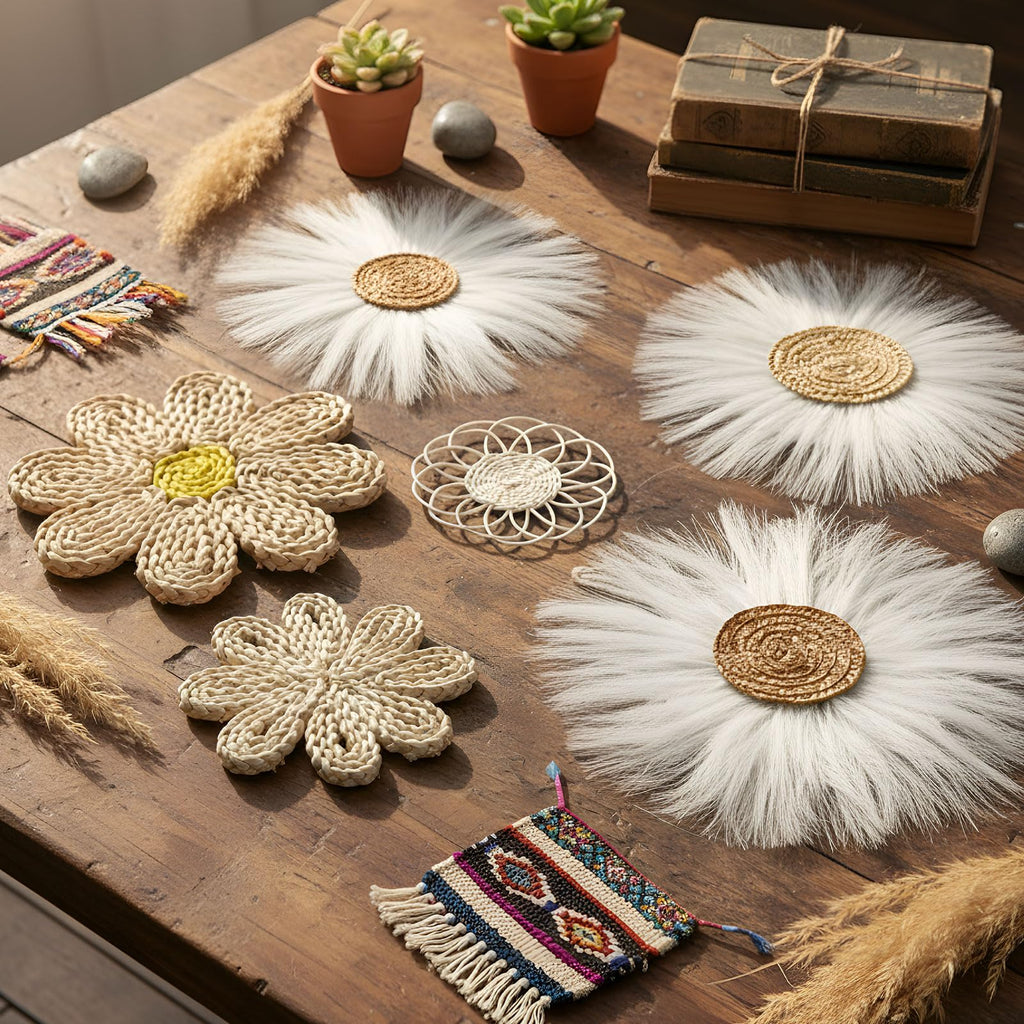 7 Pcs Boho Wall Basket Decor Rattan Flower, Milky White