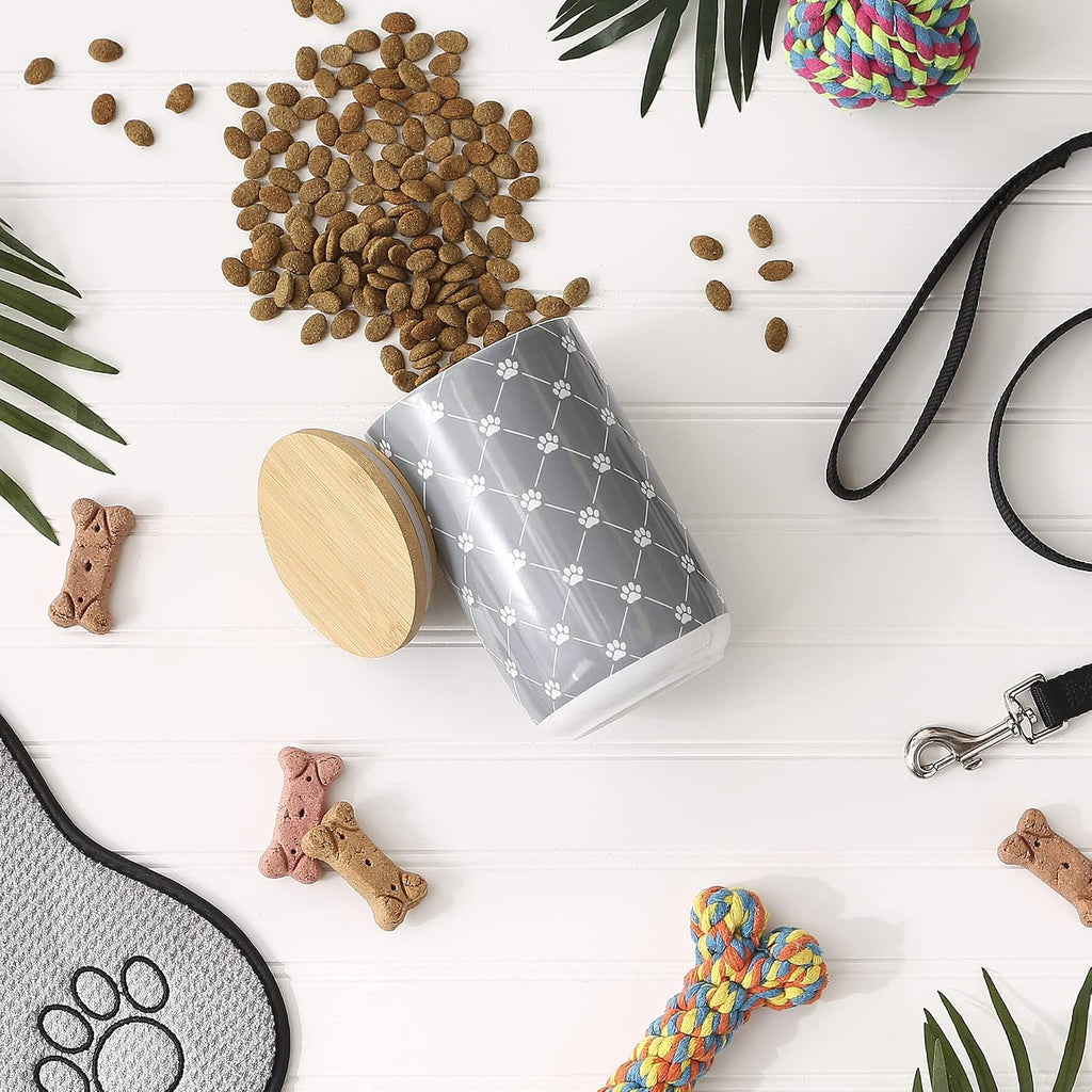 Trellis Paw Print Pet Treat Canister with Bamboo Lid Dog & Cat Treat Jar for Countertop Storage, Keep Training Bones