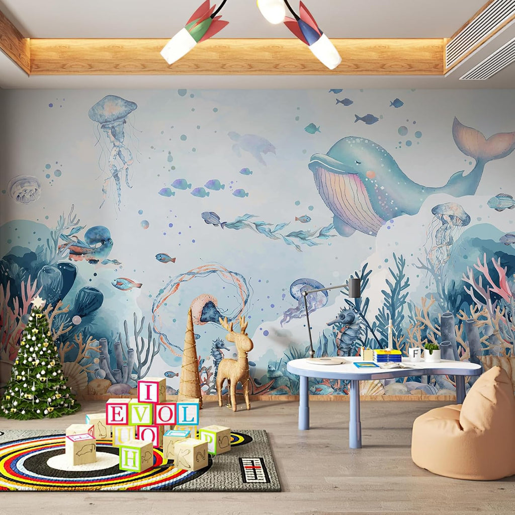 Large Kids Room Blue Ocean Theme Nursery Wallpaper Mural Peel and Stick | 148"W x 110"H Cartoon Undersea World Ocean