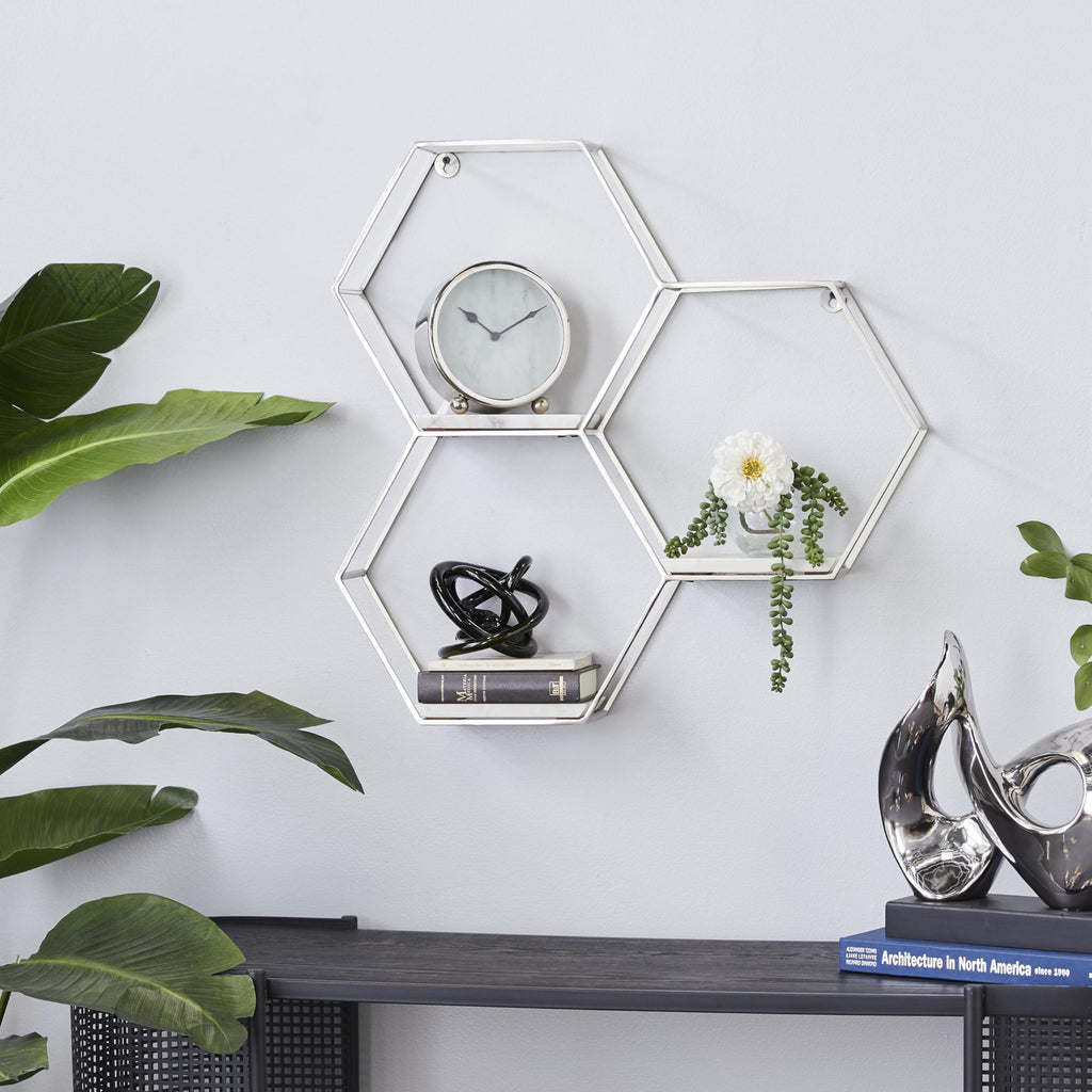 Metal Geometric Wall Shelf Hexagon with 3 Marble Shelves, 26" x 5" x 24", Silver