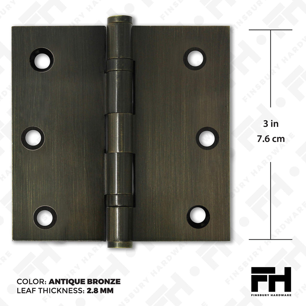 Solid Brass Door Hinge Heavy Duty Ball Bearing 3x3 Inch with Decorative Screw-on Tips Included - Set of 4 Hinges