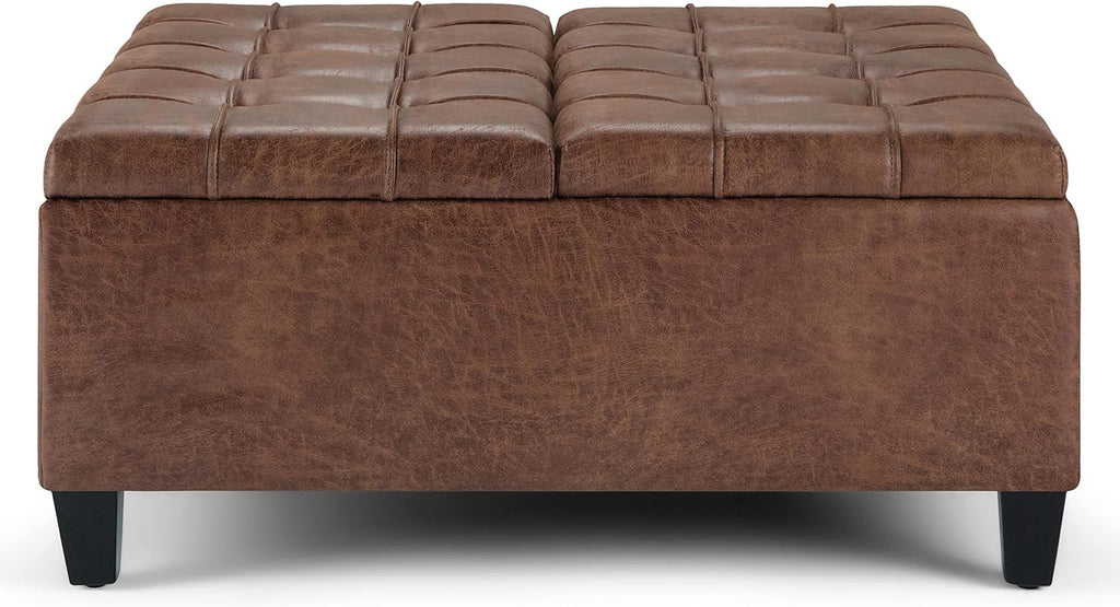 Harrison 36" Wide Vegan Leather Lift Top Ottoman in Saddle Brown | Distressed saddle brown, transitional lift-top