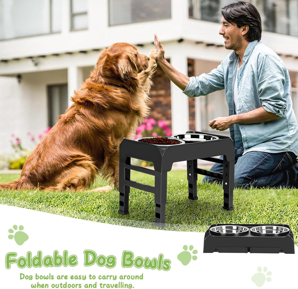 Elevated Bowls with Adjustable Heights - Raised Stand with 2 Stainless Steel Food Bowls, Non-Slip Foldable Feeder